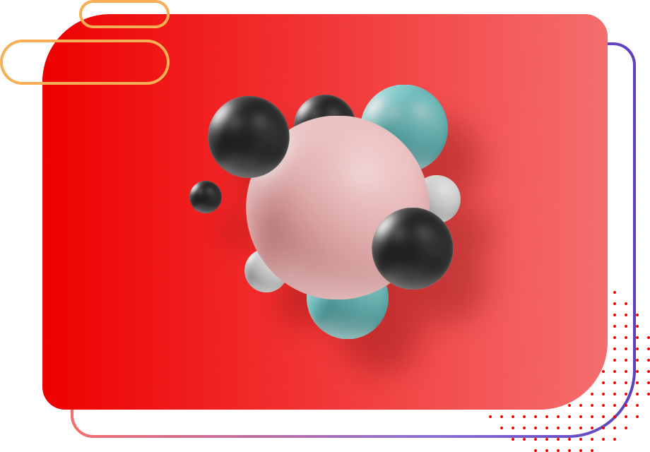 A stylized molecule on a red background